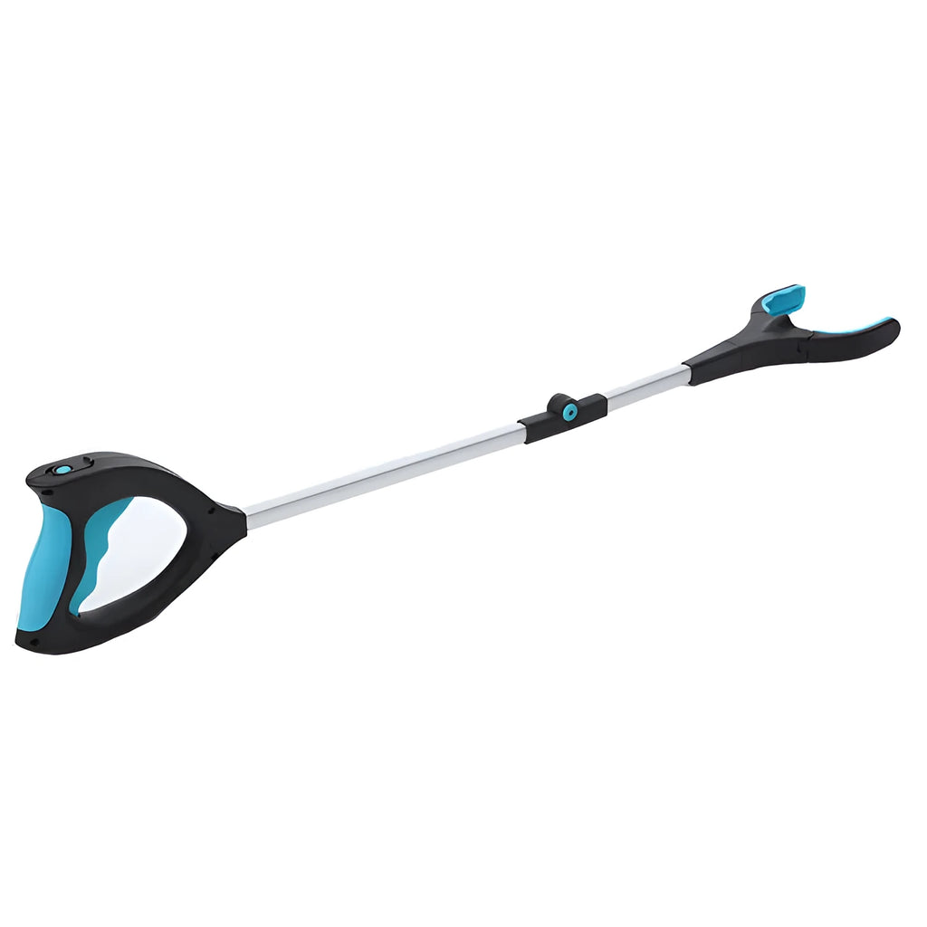 Blue foldable portable aluminium microphone stand with a stainless steel base, shown collapsed and extended.