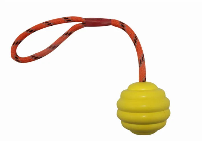 Rubber chew ball pet toy with rope knot design measuring 6x30cm in multiple colours