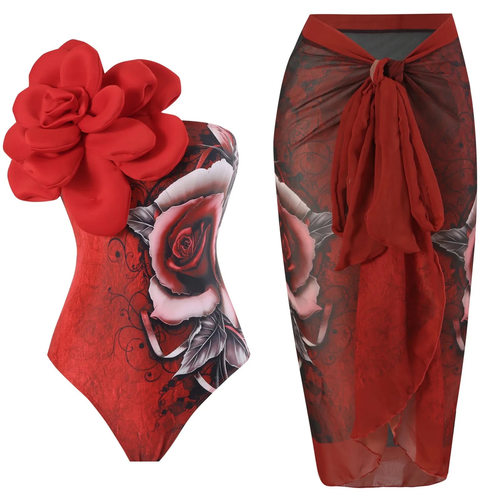 Women's blue printed one-piece swimsuit with matching gauze skirt, a holiday outfit set for swimming.