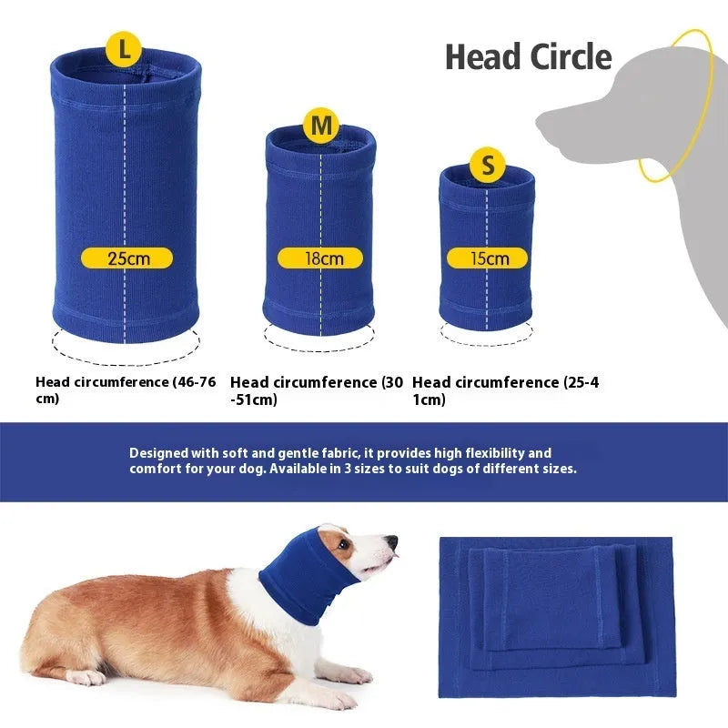 Blue polyester dog comforter headband scarf wrapped around a dog's neck showing S, M, L size options