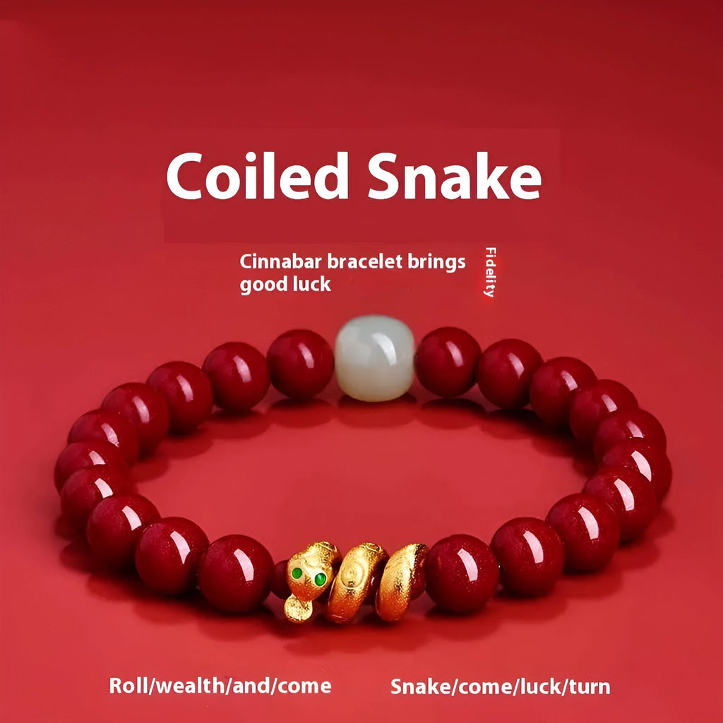 Handmade Chinese snake year bracelet with red cinnabar beads on a black cord.