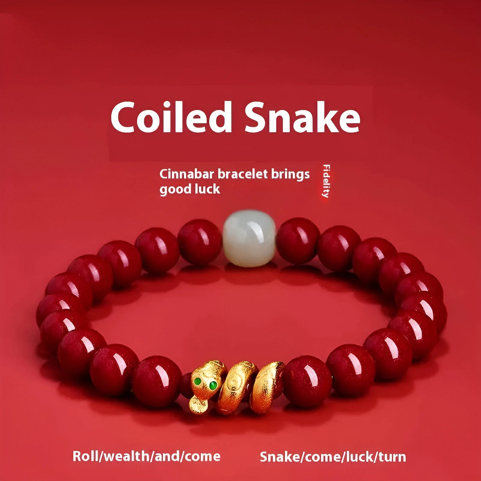 Handmade Chinese snake year bracelet with red cinnabar beads on a black cord.