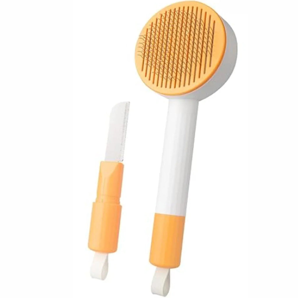 Green and yellow pet grooming brush with stainless steel bristles for cats and dogs