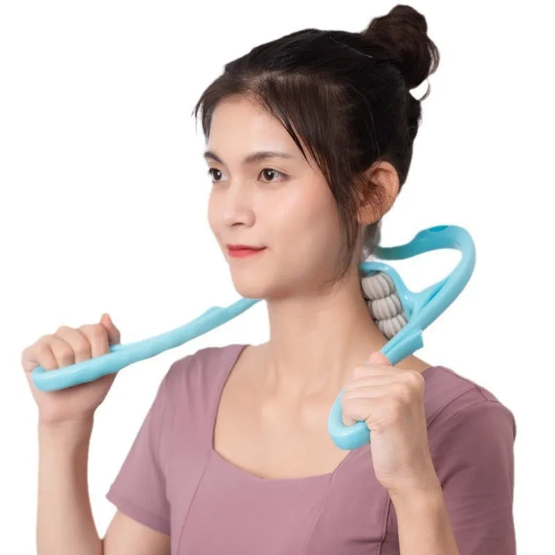 Blue plastic handheld massager with six rotating wheels for neck, shoulder and back relief.