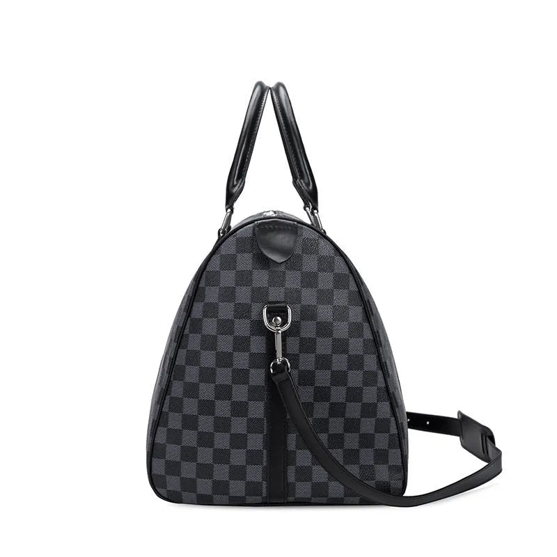 Large black grid PU leather travel bag with single strap, horizontal square shape, open outer pocket
