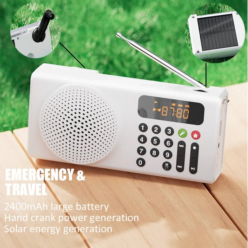 V70 portable emergency radio in white with buttons and speaker grille, showing Bluetooth and FM modes, 160x46x76mm size