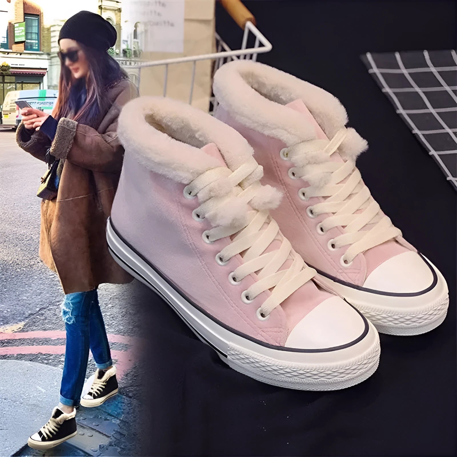 Women's canvas shoes with plush cotton padding in pink and black, sizes 35 to 41