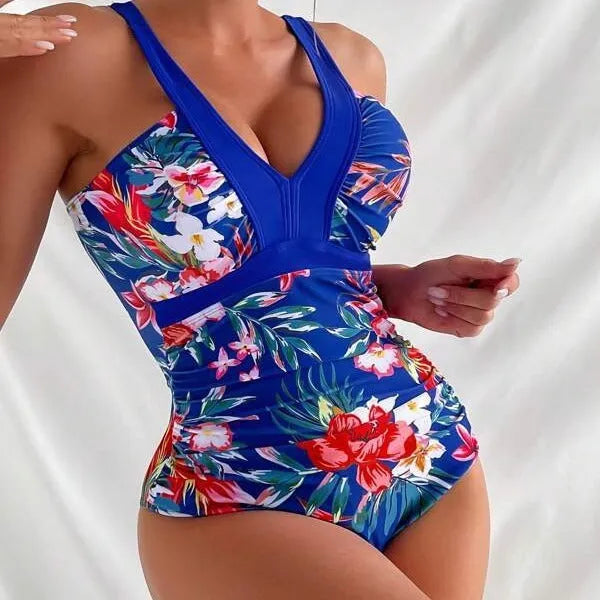 Women's floral one-piece swimsuit in polyester and spandex material