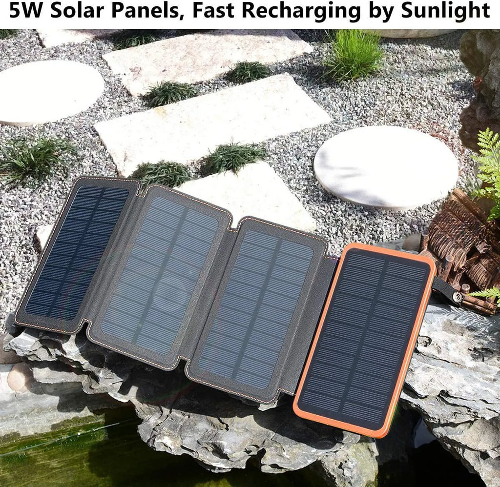 Outdoor solar power bank charger in multiple colours with a solar panel and LED light.