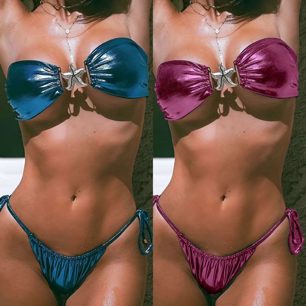 Glossy sapphire blue tube top split bikini for women with starfish pattern, showing backless design.