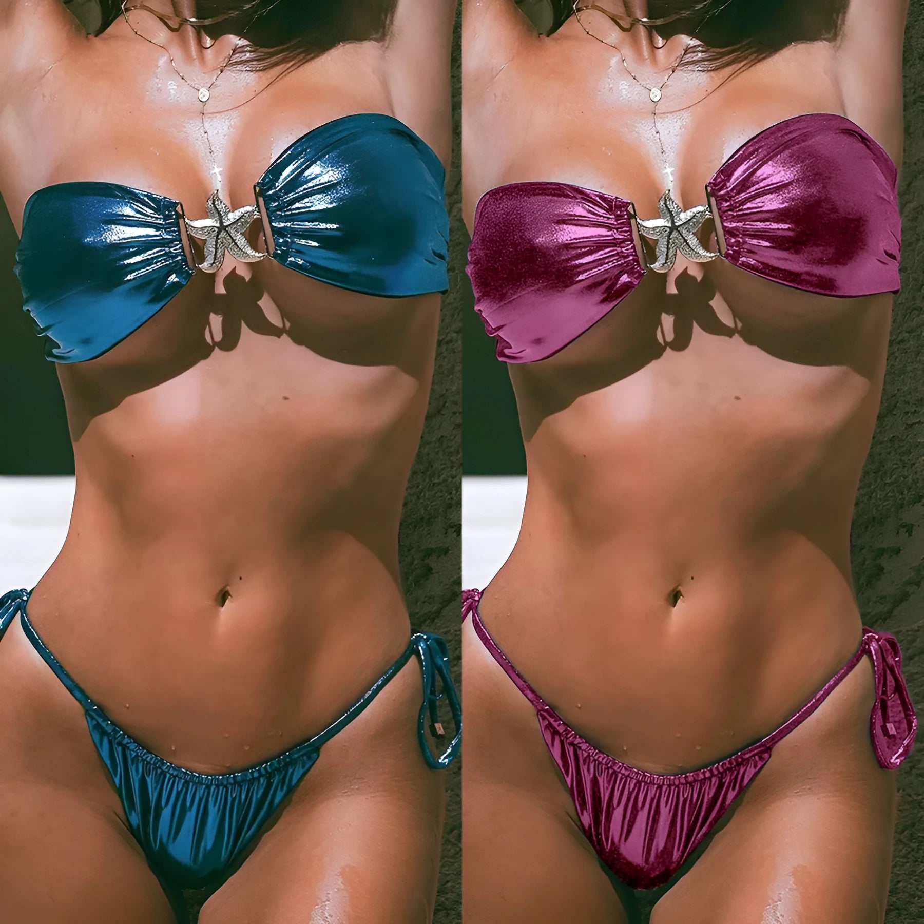 Glossy sapphire blue tube top split bikini for women with starfish pattern, showing backless design.