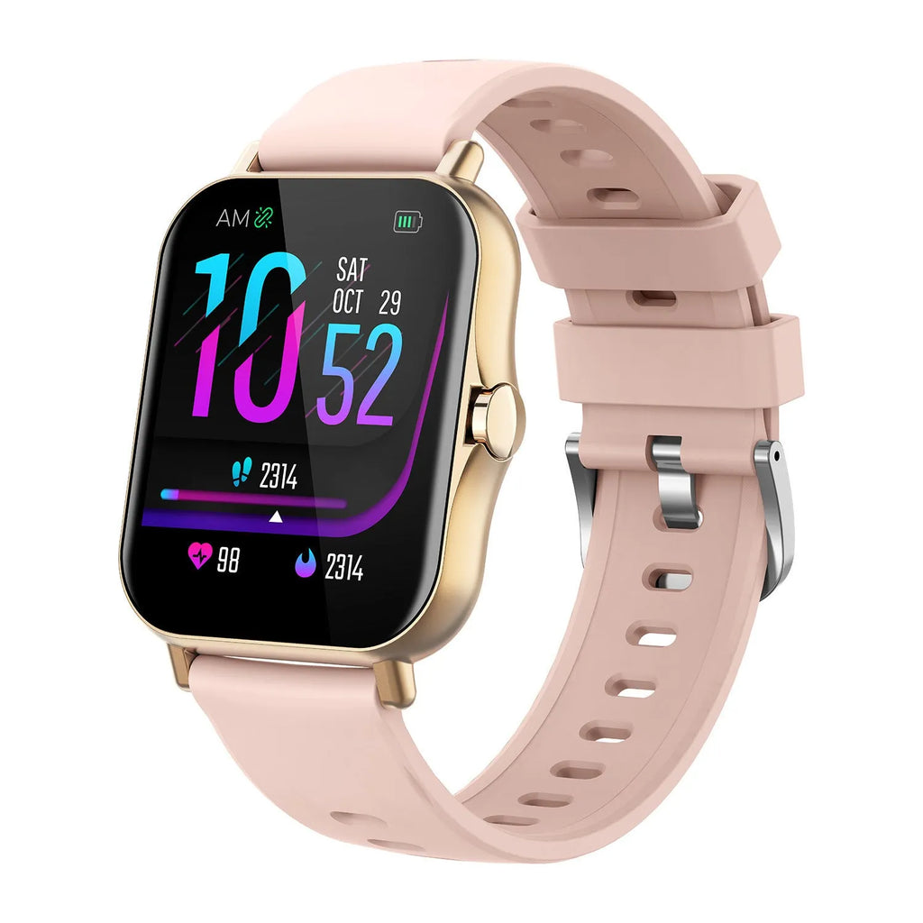 Smart watch showing heart rate and blood pressure on a 1.75-inch curved touch screen, with a black wristband.
