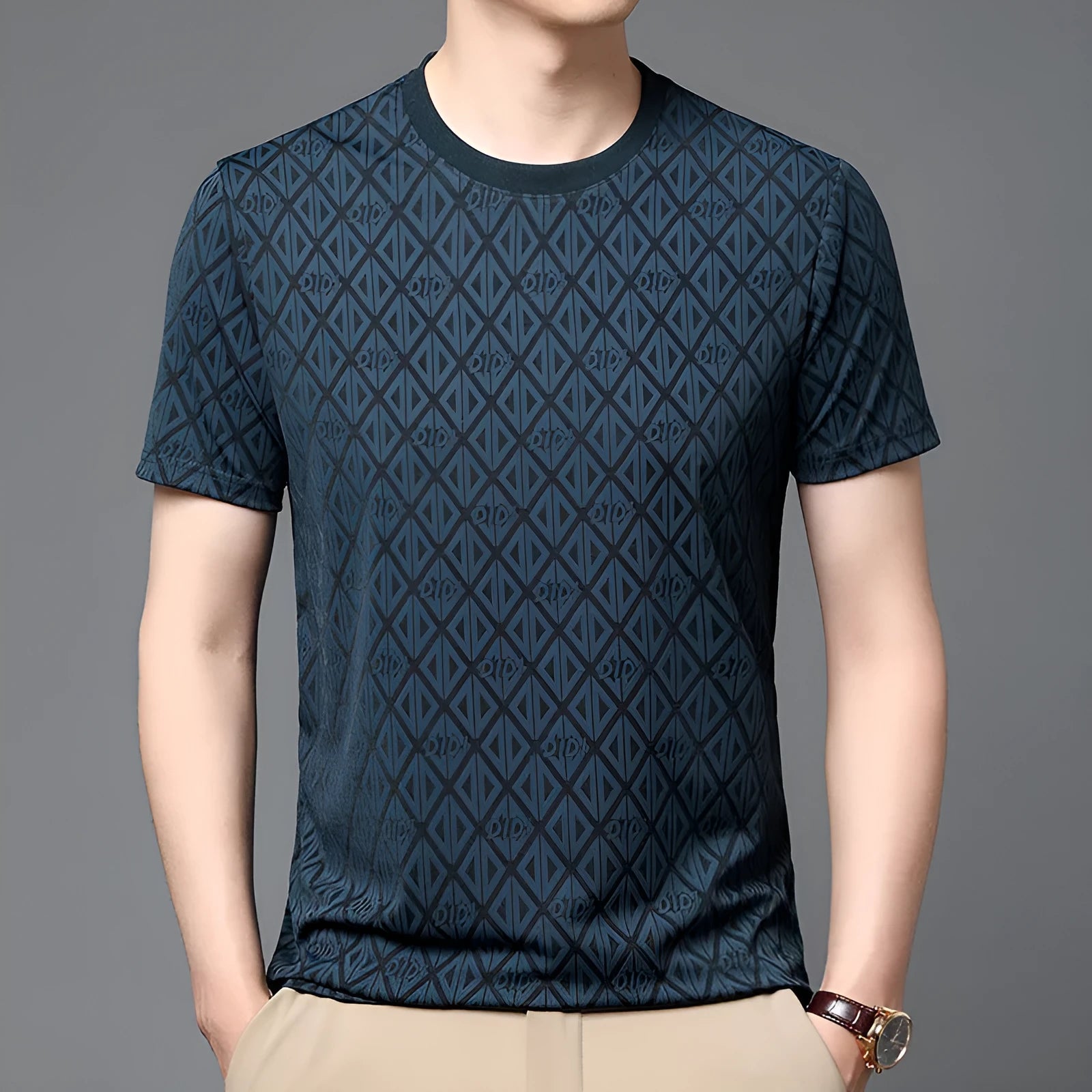 Men's black loose fit short sleeve t-shirt with jacquard pattern detailing