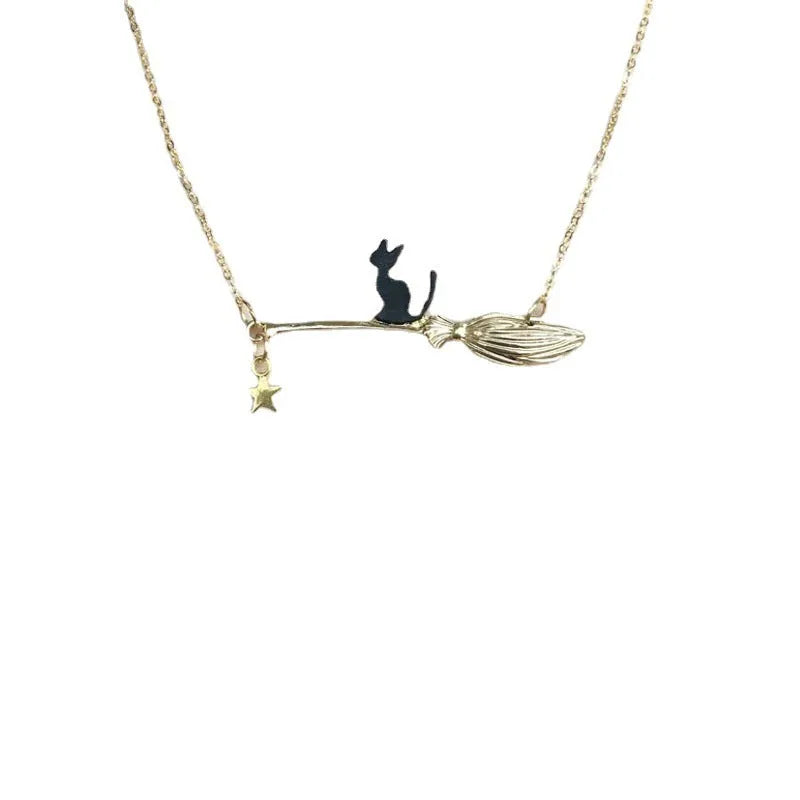 Black cat Halloween necklace pendant with alloy chain in gold or silver finish