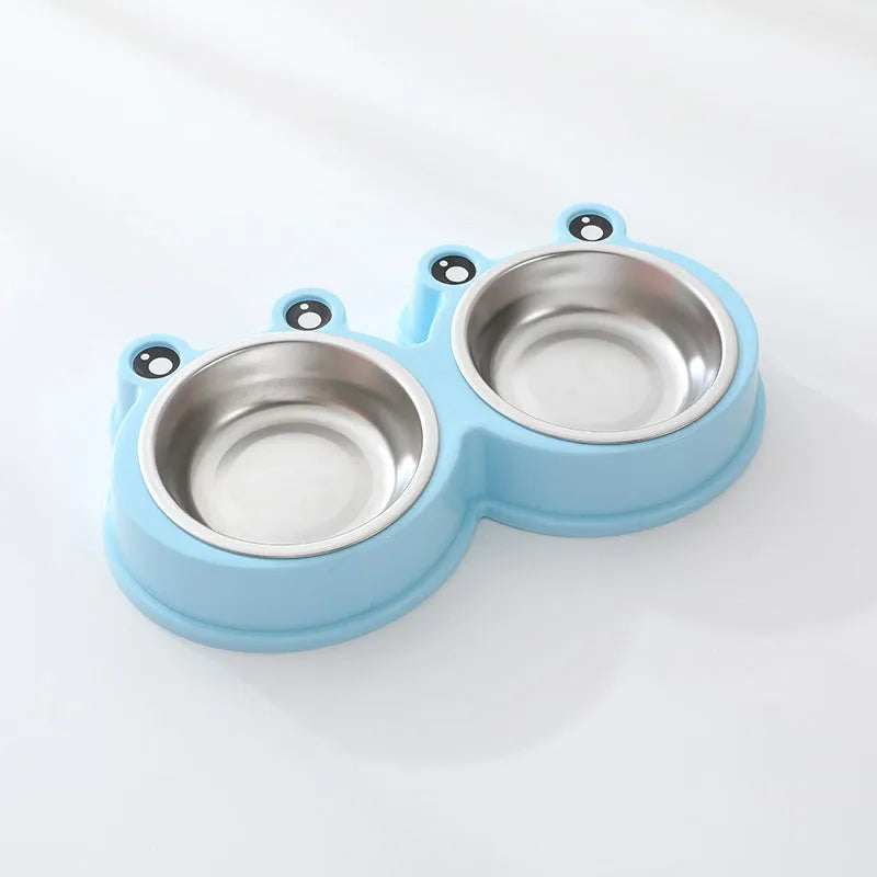 Stainless steel pet double bowl with elevated frog-style base in blue colour for cat and dog feeding