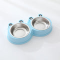 Stainless steel pet double bowl with elevated frog-style base in blue colour for cat and dog feeding