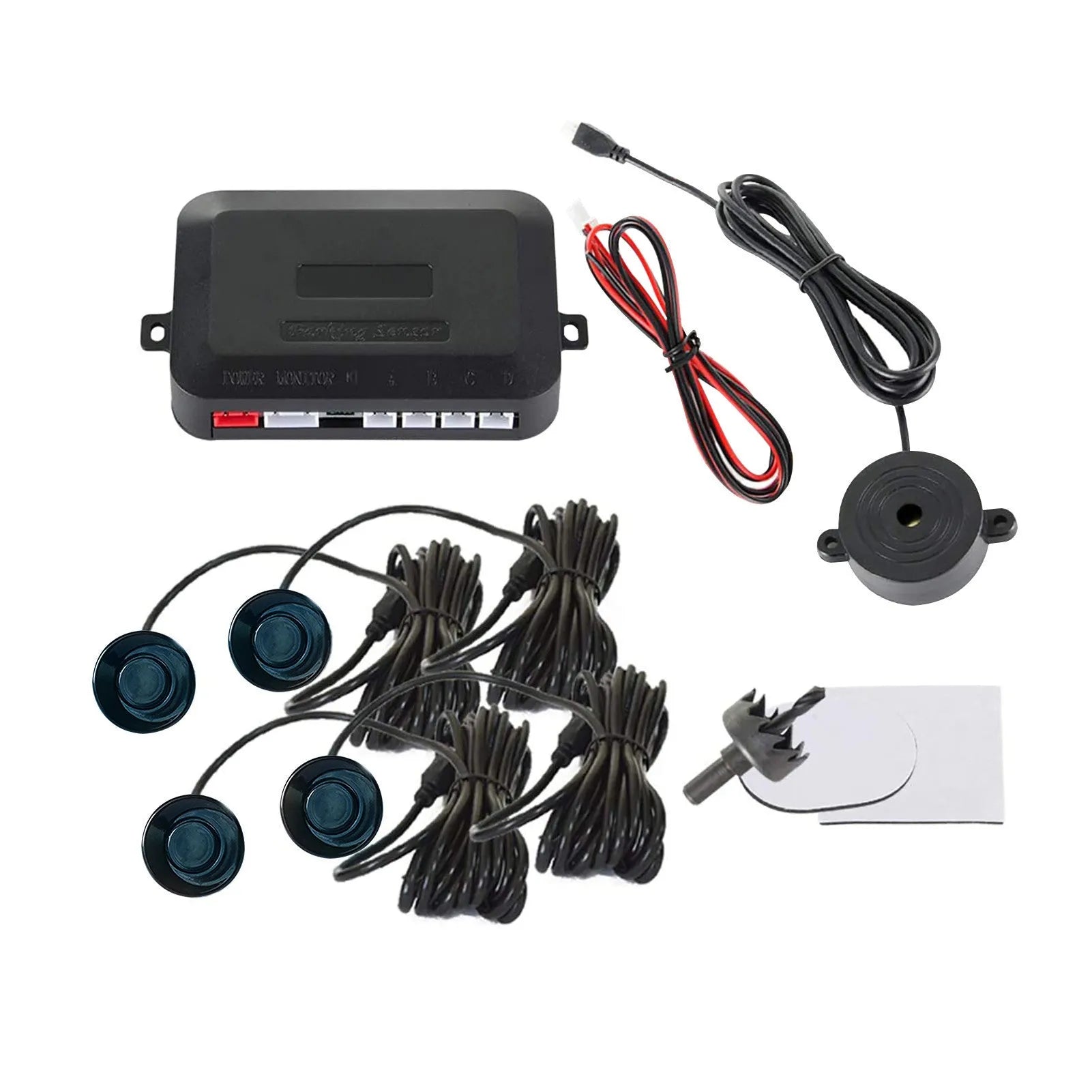 Four ultrasonic parking sensors and control module for vehicle reversing radar system with buzzer alerts