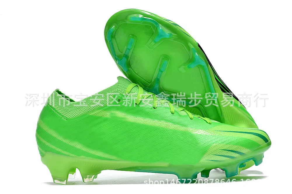 Men's low top waterproof knitted football shoes with FG rubber studs on white background