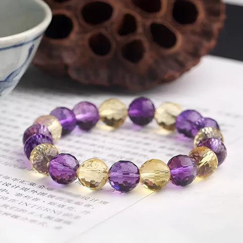 128-facet cut ametrine crystal bracelet with polished beads in four diameter options