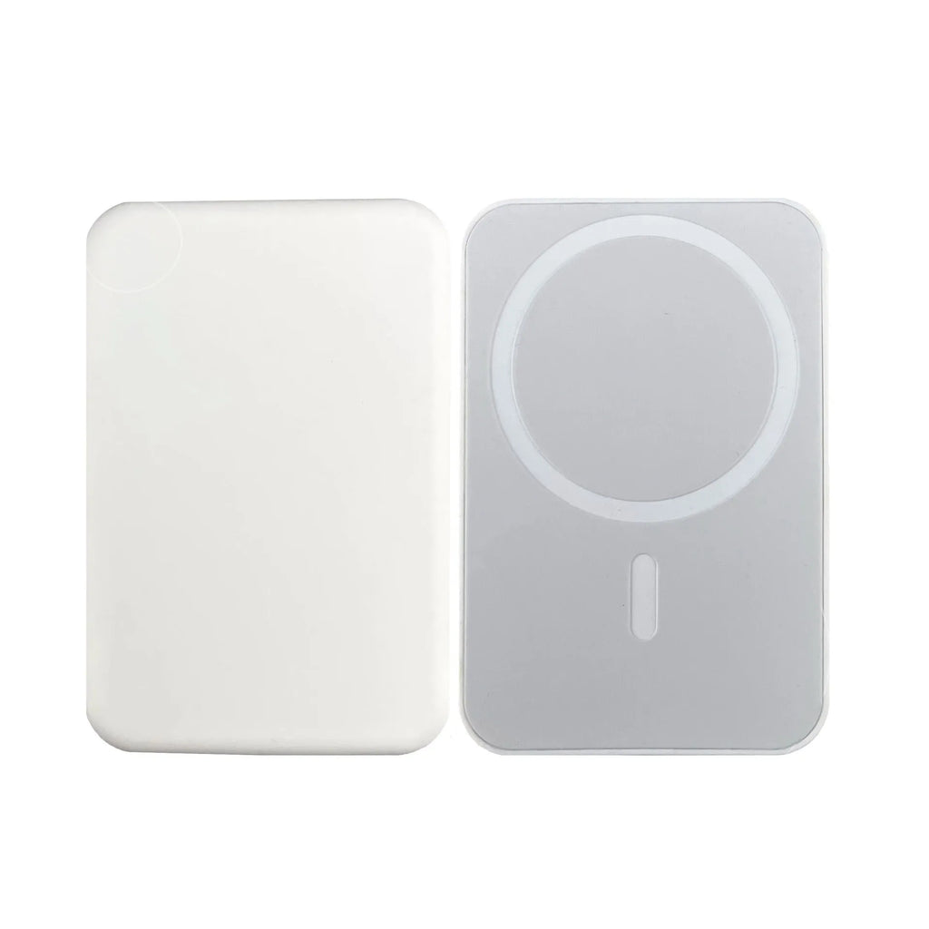 White magnetic wireless charger power bank with creative design showing dimensions 100x65mm