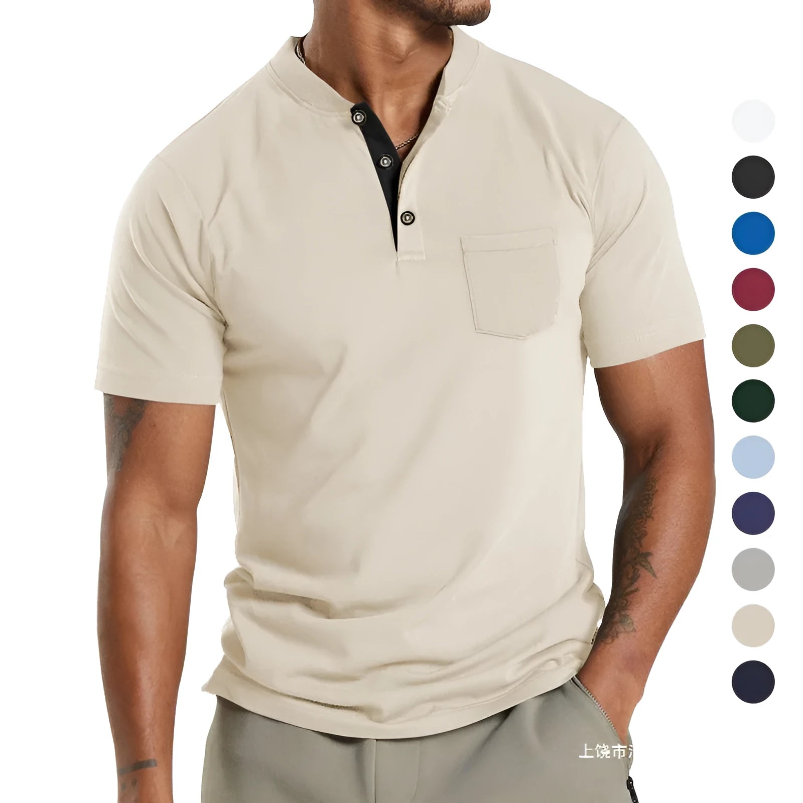 Plus size man wearing a light grey short sleeve casual shirt with a button chest pocket.