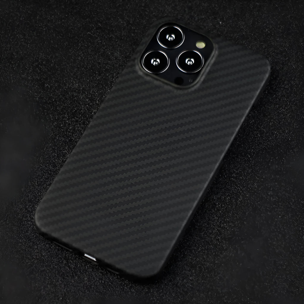 Matte black crater Kevlar fibre protective phone case for iPhone