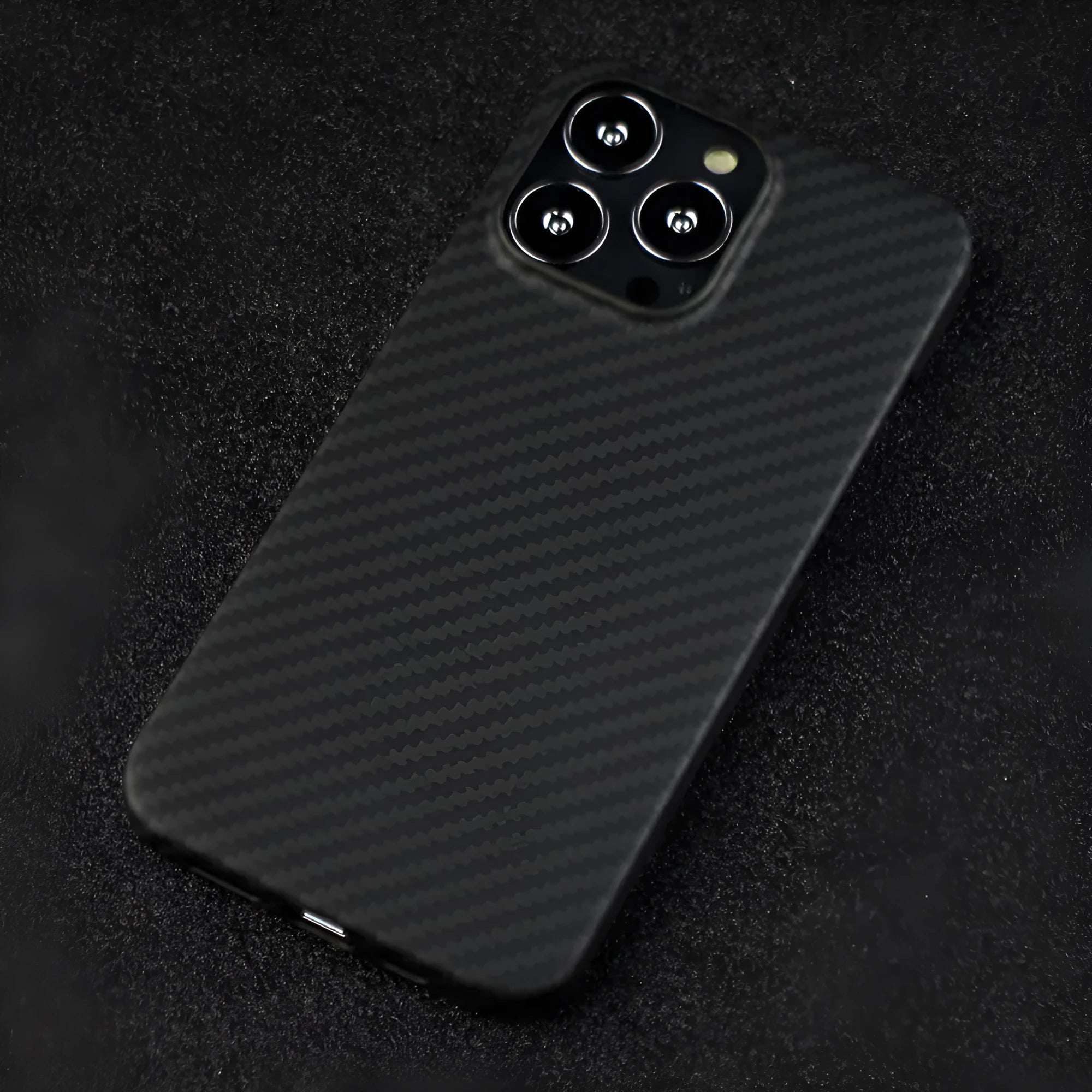 Matte black crater Kevlar fibre protective phone case for iPhone