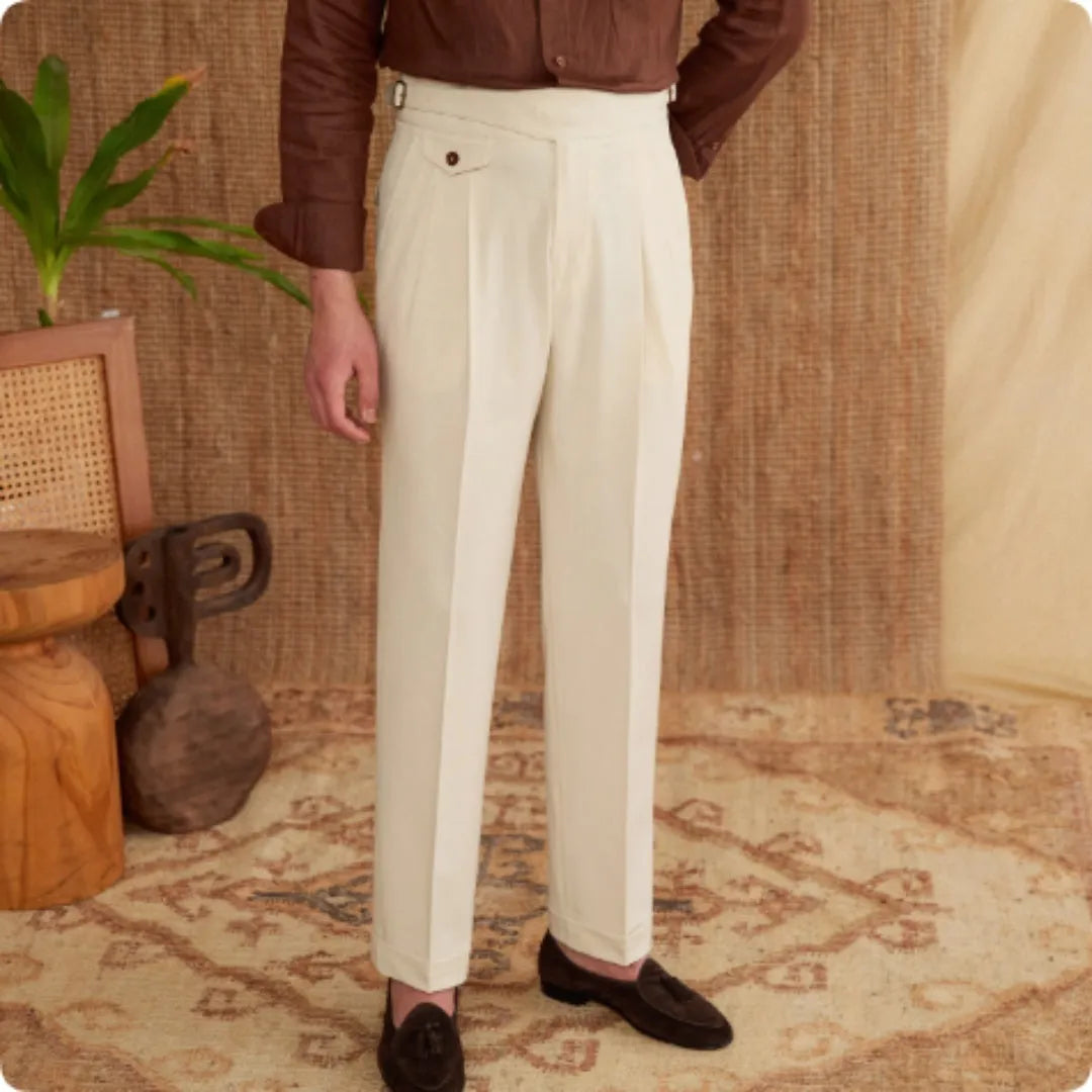 Men's slim fit business casual trousers in polyester available in dark grey, light brown and light apricot