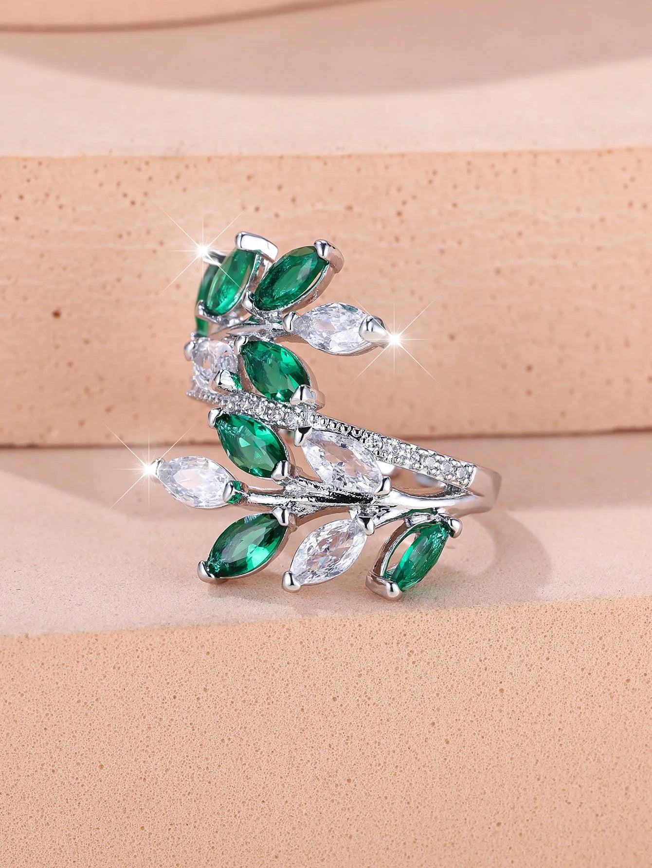 Adjustable copper leaf ring with zircon finishes in multiple colour options