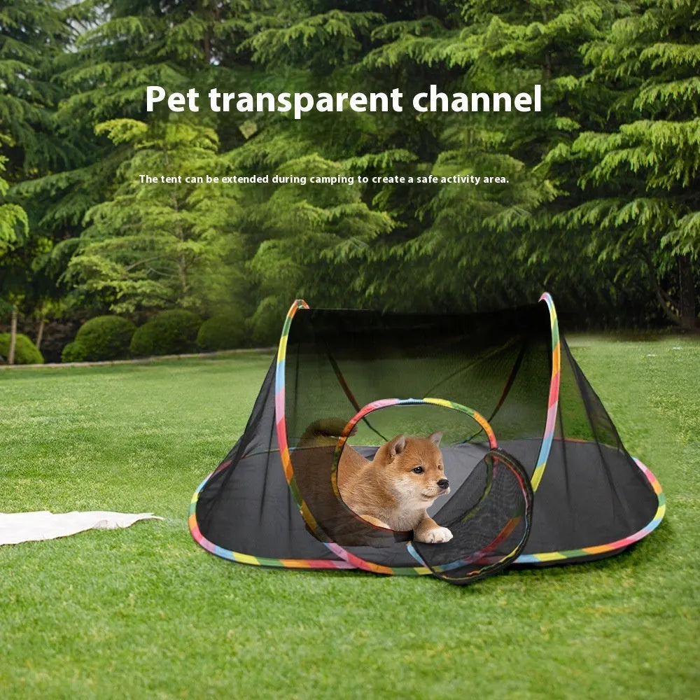 Foldable mesh cat play cage showing interlocking panels in a tunnel configuration.