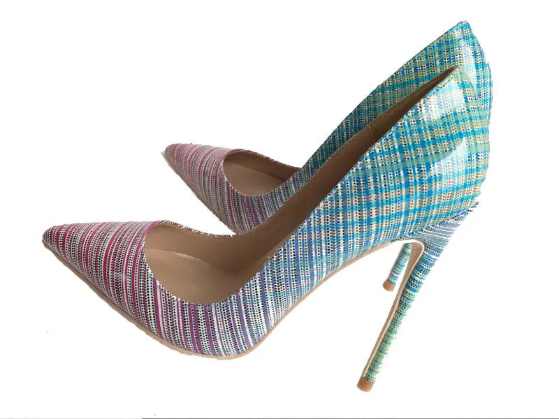 Ladies pointed toe patent leather heels with a pink to blue gradient colour and a high thin heel.