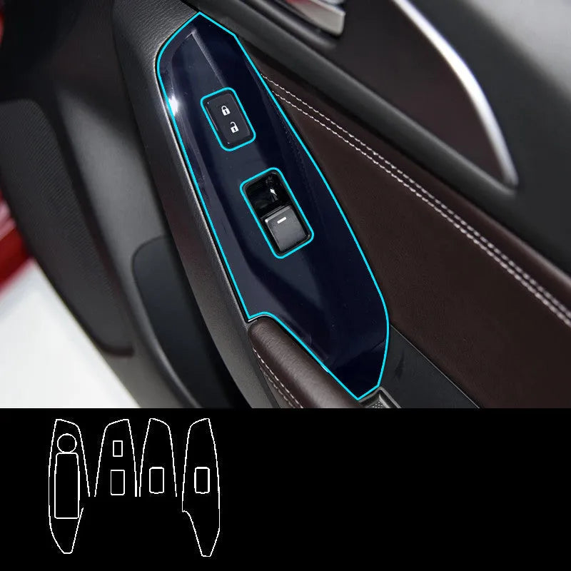 Four TPU protective films for 14-19 US/Canadian car dashboard door control panels in transparent and carbon fibre black