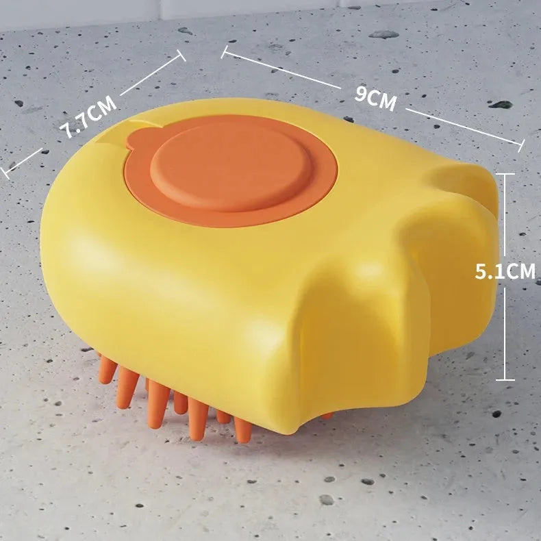 Pet bath brush with integrated shampoo box in blue, orange or yellow colours for cat and dog washing