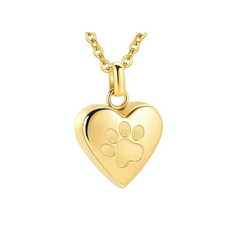 Simple titanium steel heart pendant necklace with love paw print, shown in different colours.
