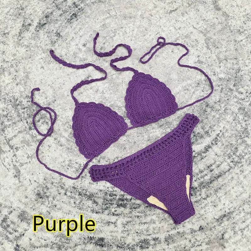 3-piece crochet bikini swimsuit set with matching beach skirt in solid colour