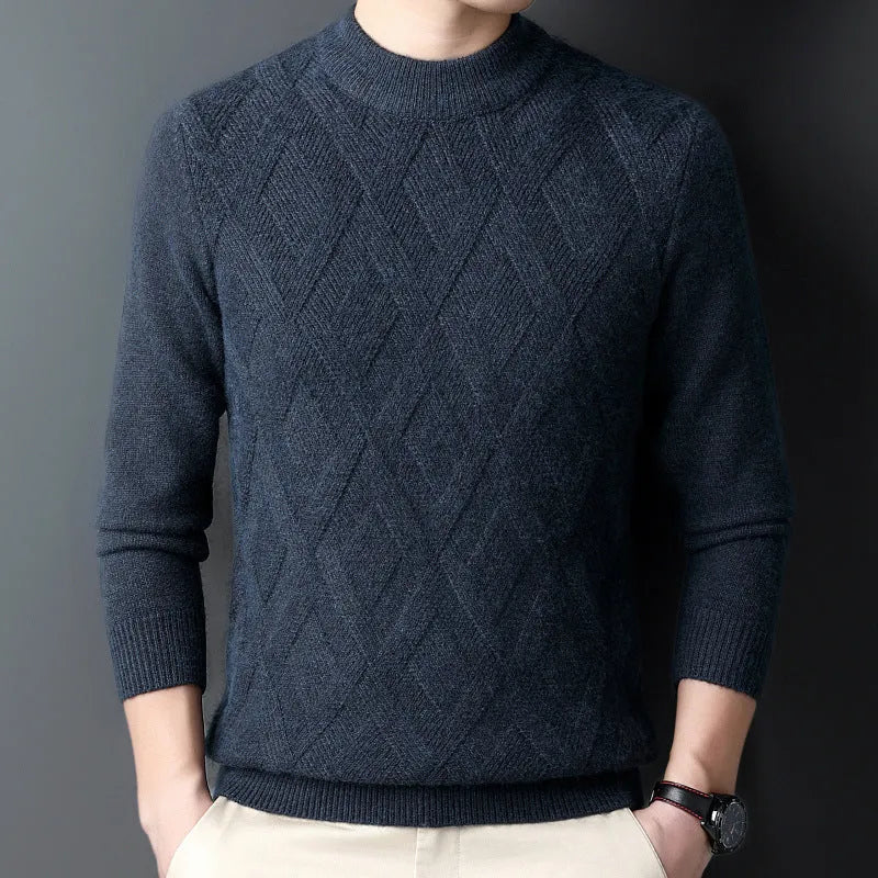 Men's diamond jacquard winter wool sweater in light camel colour, plus size thermal pullover