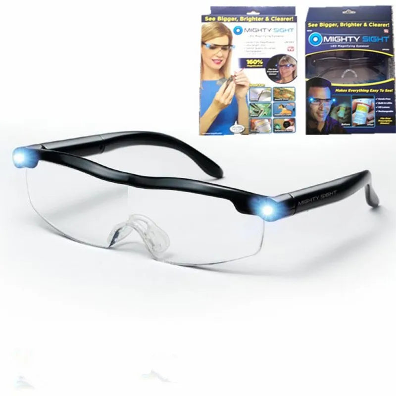 Transparent black USB LED reading glasses with programmable scheduled lighting control