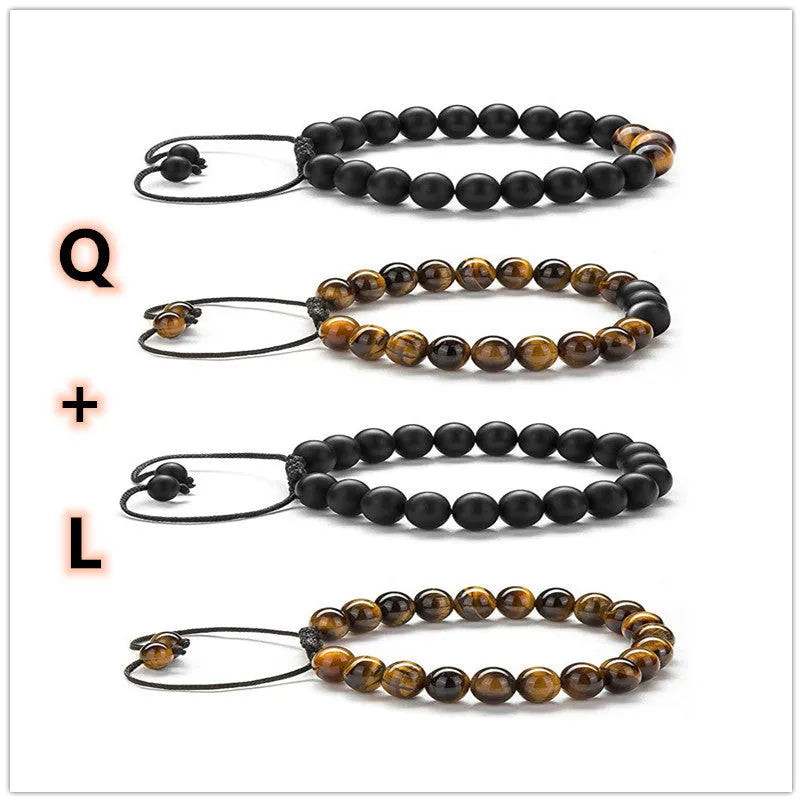 Matte black agate couple bracelets with geometric bead design
