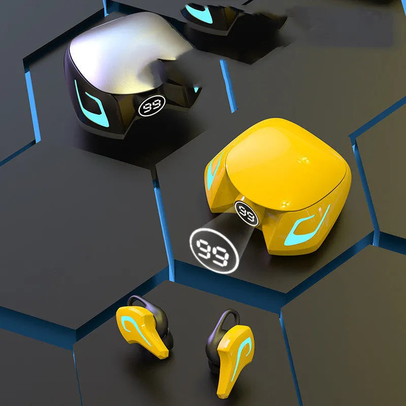 Colourful wireless gaming Bluetooth earbuds in black, grey, or yellow.
