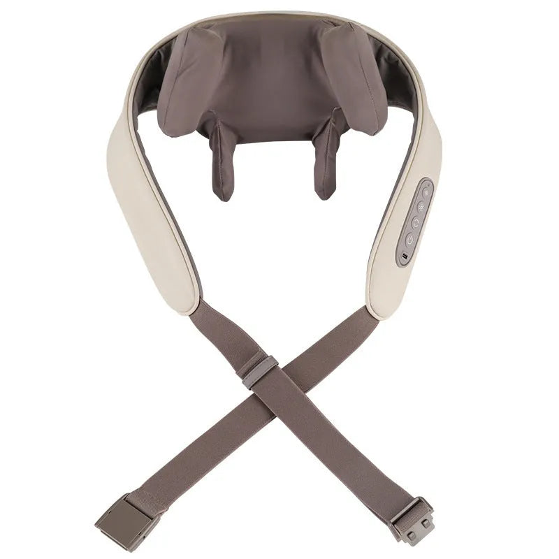 Milky white shoulder and neck massager with kneading mechanism and infrared therapy function