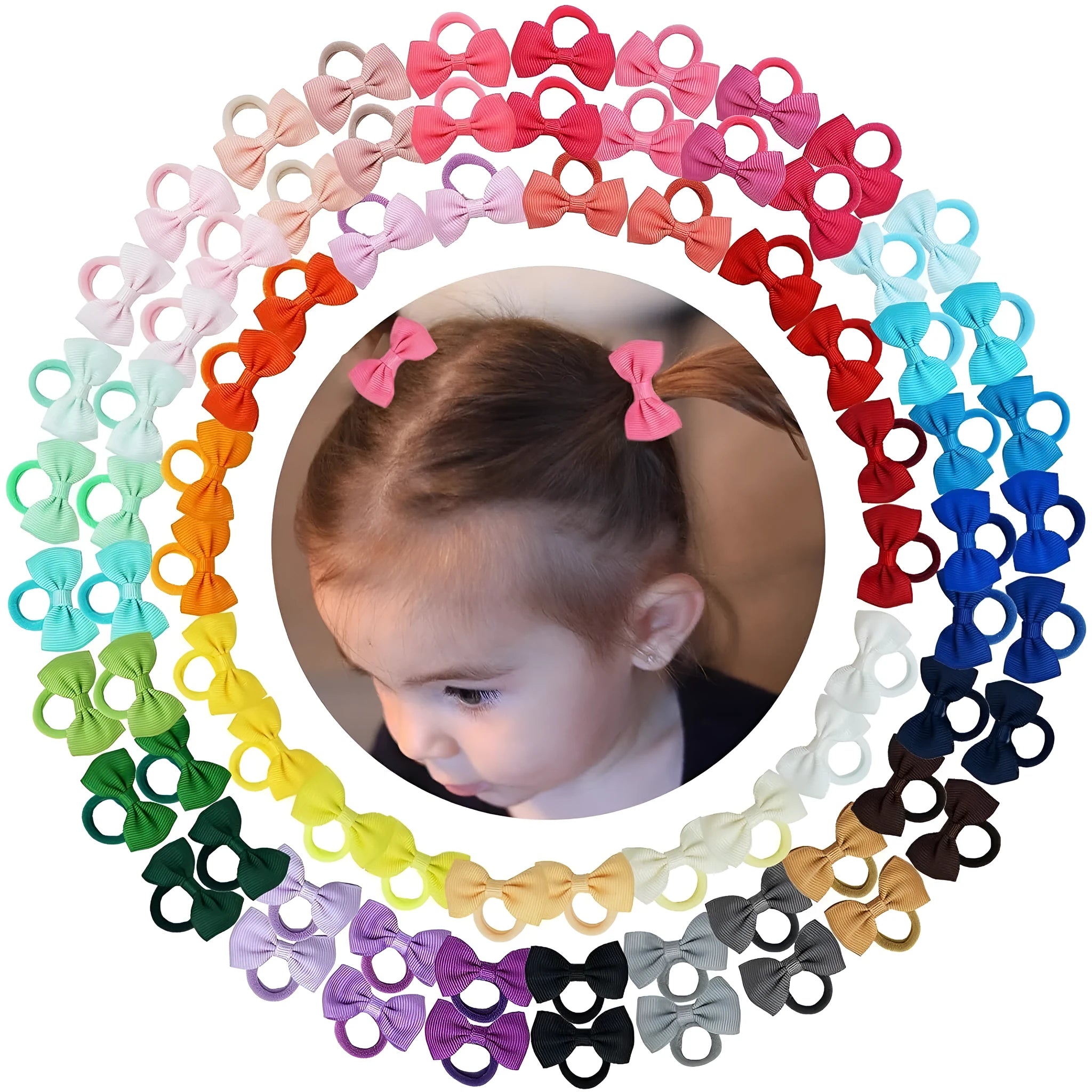 40 pairs of multicoloured baby hair ties with grosgrain ribbon bows and elastic bands