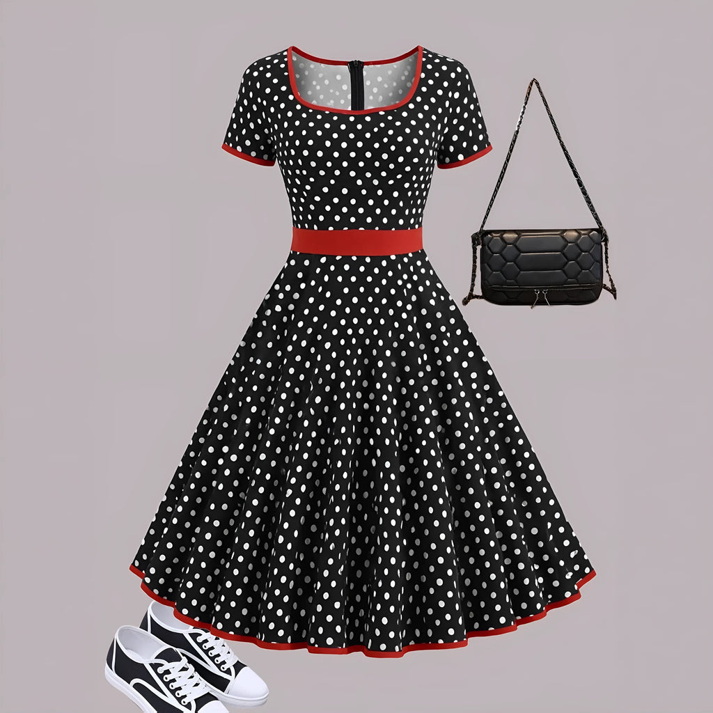 Multicolour polka dot pleated midi dress with a square collar, short sleeves, and a front zipper.