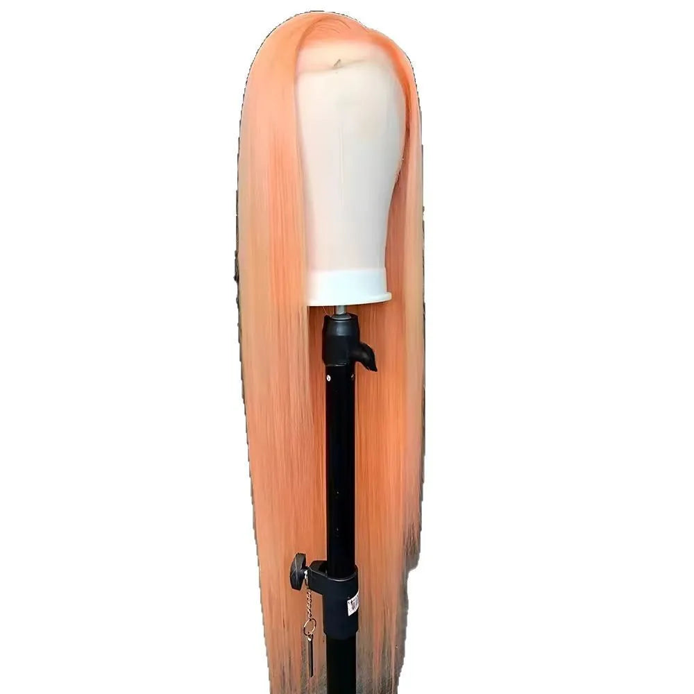 Light orange long straight front lace wig with side bangs on a mannequin head