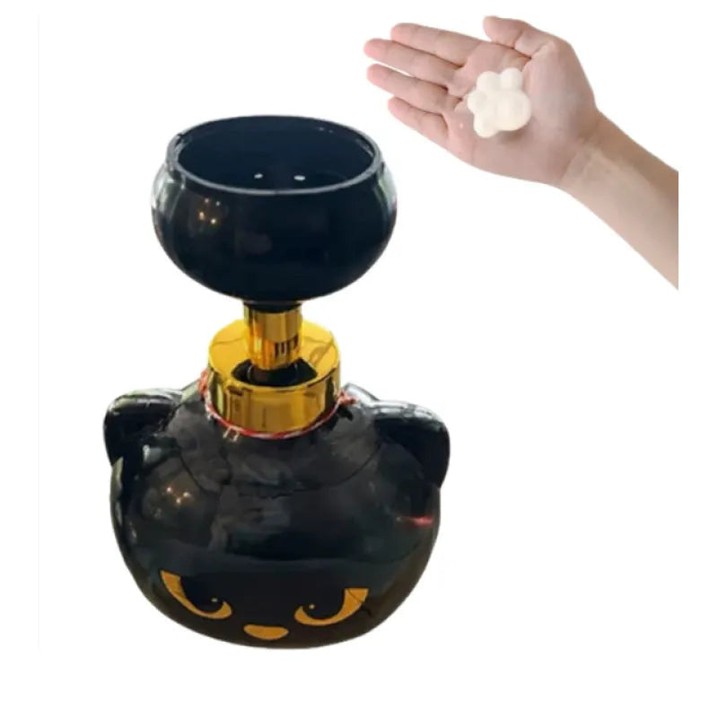 Black plastic cartoon cat-shaped foam soap dispenser measuring 10x10x18cm