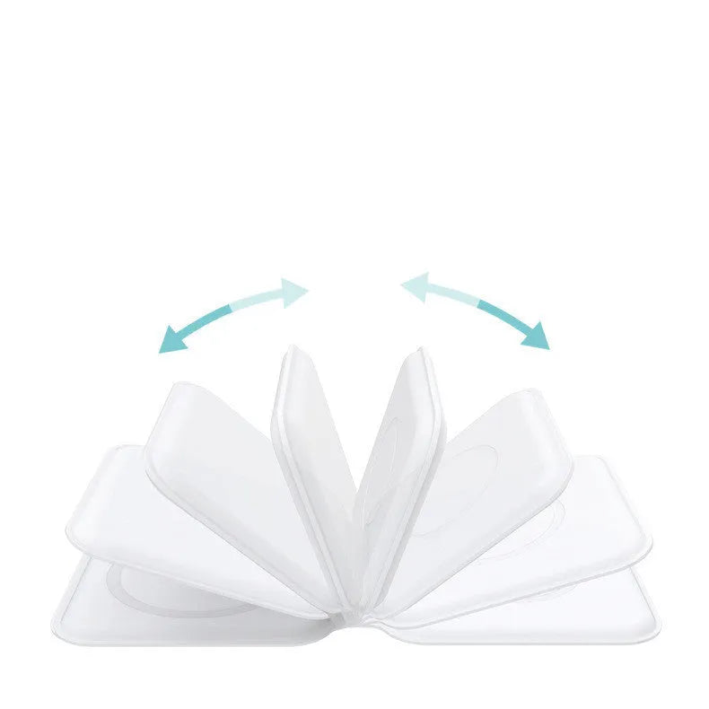 White foldable magnetic wireless charger charging two phones simultaneously on angled stand
