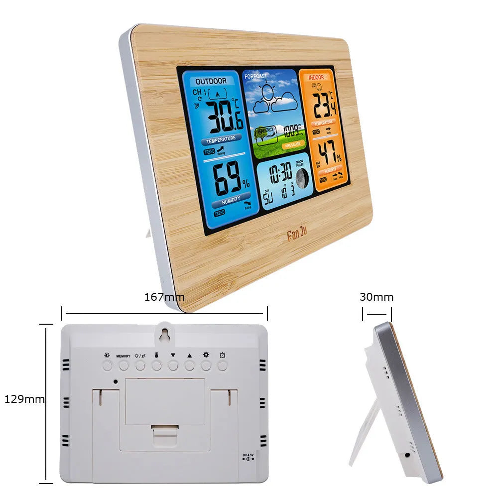 Black rectangular digital weather station with LCD display showing temperature, humidity, and weather data