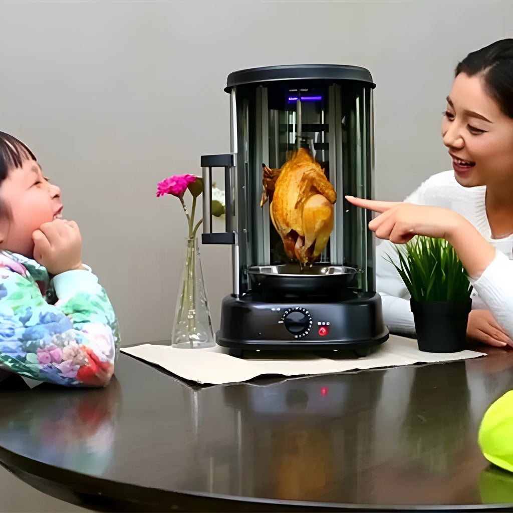 Black electric rotisserie oven with 21L capacity and 1500W power, showing whole chicken on spit