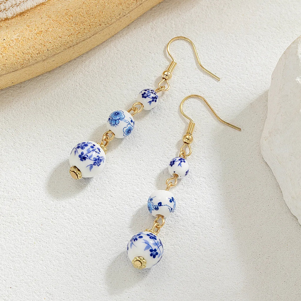 Blue and white porcelain ceramic bead geometric retro earrings with alloy construction
