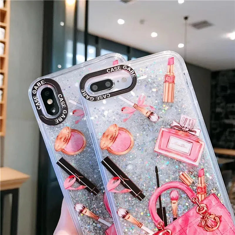 Pink cosmetic liquid quicksand phone case for iPhone XR with dynamic glitter effect