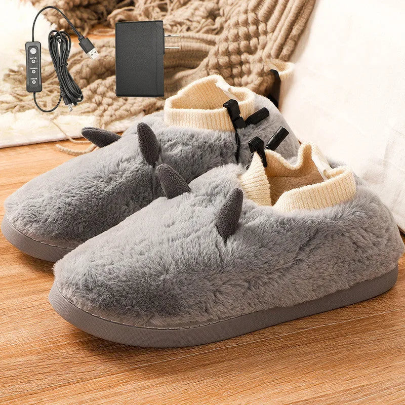 USB electric heating slippers in grey with adjustable temperature control and soft velvet upper.